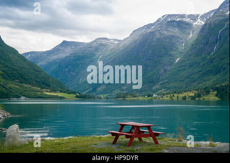 Campo tabella sulla riva del fiordo, Norvegia. Foto Stock