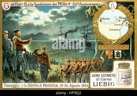 Garibaldi e la spedizione dei mille,cinquantesimo anniversario,il passaggio dello Stretto di Messina,1860 figurine Liebig,1910 Foto Stock
