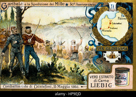 Garibaldi e la spedizione dei mille,cinquantesimo anniversario,combattimenti Catalafimi,1860,figurine Liebig,1910 Foto Stock
