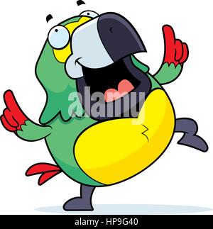 Un felice cartoon parrot dancing e sorridente. Illustrazione Vettoriale