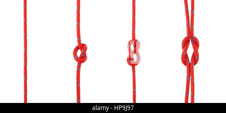 Set di nodi, Overhand Knot, la figura di otto nodi e Reef Knot legati in corda rosso isolato su sfondo bianco Foto Stock