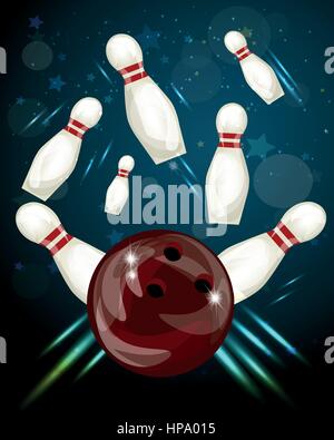Palla da bowling schiantarsi dentro i birilli Illustrazione Vettoriale