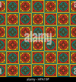 Arazzo con pattern colorato disegno geometrico, la maggior parte in giallo e rosso. Foto Stock