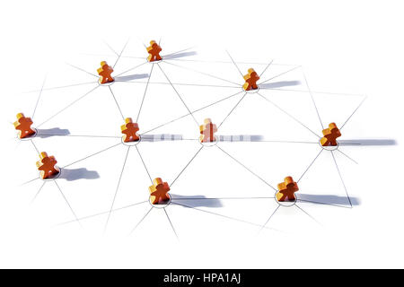 Kleine holzfiguren stehen auf netz aus linien Foto Stock