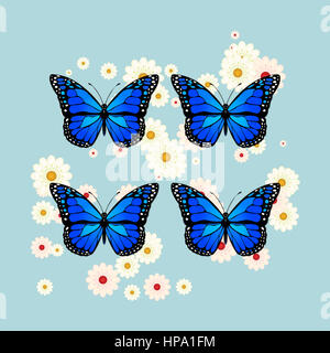 Quattro farfalle blu con alcune minuscole Pratoline sullo sfondo. Foto Stock
