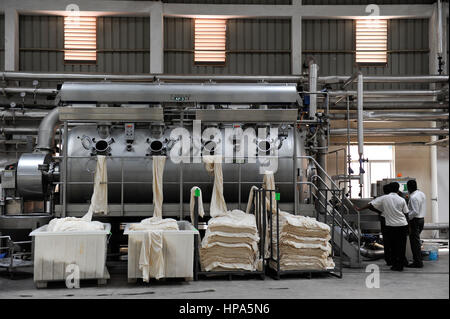 INDIA, nello Stato del Tamil Nadu, Tirupur, fairtrade textil fabbrica, morendo unità fiore di cotone India Ltd, tessuto a macchina di tintura- abbigliamento abbigliamento gli ornamenti Foto Stock