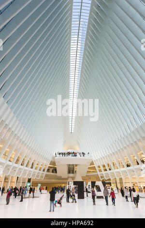 One World Trade Center è visibile attraverso il lucernario nell'occhio World Trade Center Hub di trasporto nella città di New York. Foto Stock