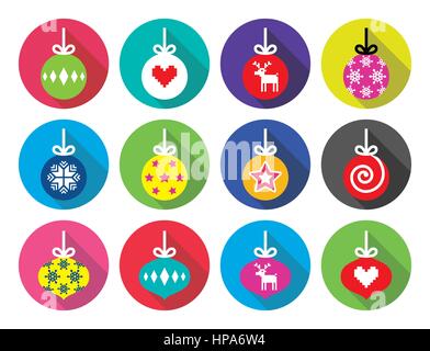 Pallina di natale, natale Pallina design piatto icone. Vacanze invernali set di icone di albero di Natale sfere isolato su bianco Illustrazione Vettoriale