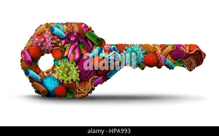 Curare la malattia chiave come un gruppo di celle di una malattia come il cancro virus e batteri biologia microscopica conformata come un simbolo per la ricerca nel settore della medicina. Foto Stock