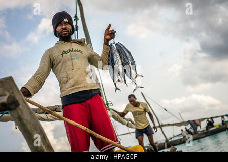 Ritratto di un pescatore che porta la sua cattura di tonno vicino al mercato del pesce di Nungwi village, Zanzibar. Foto Stock