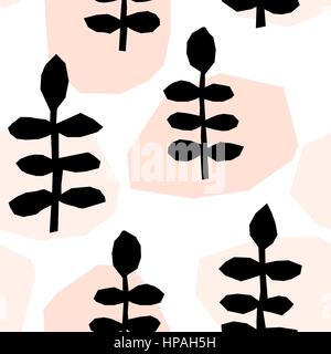 Seamless modello di ripetizione con geometrica degli elementi floreali in bianco e nero e rosa pastello su sfondo bianco. Illustrazione Vettoriale