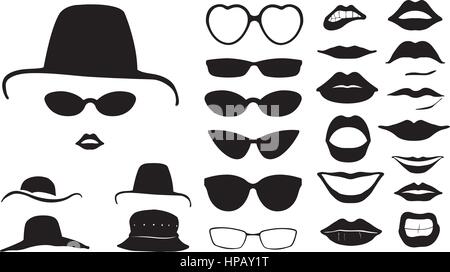 Set di volti di donne con cappelli isolato su bianco Illustrazione Vettoriale
