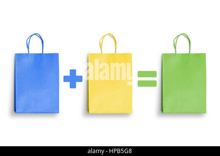 Colorata borse per lo shopping. Acquisto e acquisti pari alla somma. Spazio vuoto in sacchetti per l'immissione di testo. Sconto, salvataggio di promozione. Foto Stock