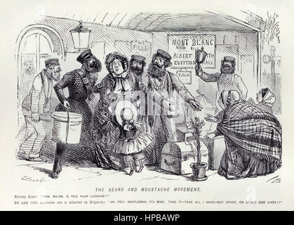 "La Barba e baffi movimento - Guardia ferroviaria: "Ora Ma'am, è questo il tuo bagaglio? Old Lady (conclude che ella è aggredito dai briganti): "Oh sì" signori è il mio. Take it - Prendere tutte le ho - ma di ricambio la nostra vita!!"" illustrazione di John Leech (1817-1864) pubblicato nella rivista satirica 'Foratura' nel 1853. Foto Stock