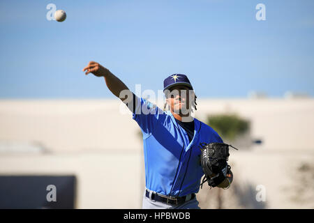 Port Charlotte, Florida, Stati Uniti d'America. Xvii Feb, 2017. Sarà VRAGOVIC | Orari.Tampa Bay Rays a partire lanciatore Chris Archer (22) riproduce catture nel corso di un allenamento primaverile di allenamento a Charlotte Sports Park in Port Charlotte, Fla. Venerdì 17 Febbraio, 2017. Credito: Sarà Vragovic/Tampa Bay volte/ZUMA filo/Alamy Live News Foto Stock