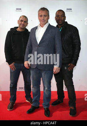 Top Gear presentatori, Chris Harris (sinistra), Matt LeBlanc (centro) e Rory Reid frequentare la vetrina gala per BBC Worldwide in all'ACC di Liverpool. Foto Stock