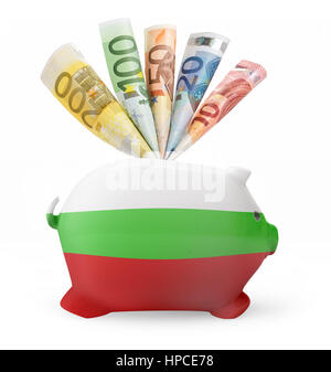 Vista laterale di un salvadanaio con il design di bandiera della Bulgaria e varie banconote europee.(serie) Foto Stock