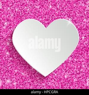 Happy Valentines Day Greeting Card con 3d Libro bianco appiccicoso a forma di cuore sulla Rosa Polvere Glitter Sparkle sfondo Illustrazione Vettoriale