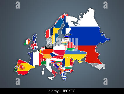 Mappa europea con i confini nazionali con paesi bandiere, su sfondo grigio Foto Stock
