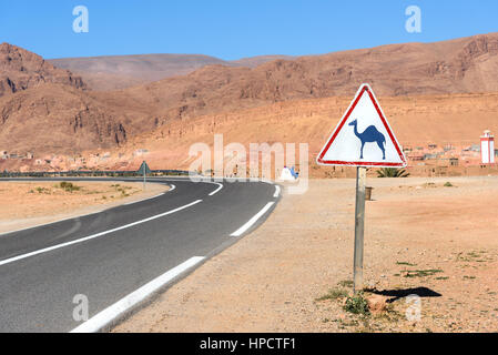 Camel Road Sign in la strada di montagna. Il Marocco Foto Stock