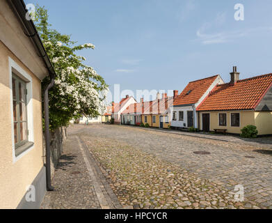Pittoresca strada di ciottoli con piccoli cottage grazioso nella città costiera di Simrishamn, Österlen, Skane, Svezia e Scandinavia Foto Stock