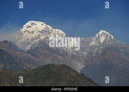 Bellissima e la vista ingrandita di Annapurna Sud e Annapurna Mountain Range dal villaggio Ghandruk in Kaski, Nepal. Foto Stock