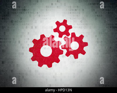 Il concetto di informazione: dipinte di rosso gli ingranaggi sull'icona Dati digitali sullo sfondo della carta Foto Stock