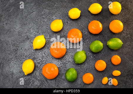 Vista superiore del fresco intero di agrumi in righe su nero Foto Stock