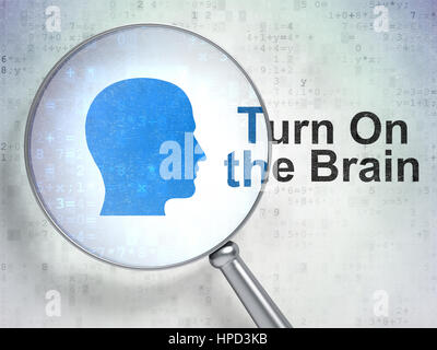 Il concetto di istruzione: ingrandimento di vetro ottico con testa icona e accendere il cervello parola su sfondo digitale, rendering 3D Foto Stock