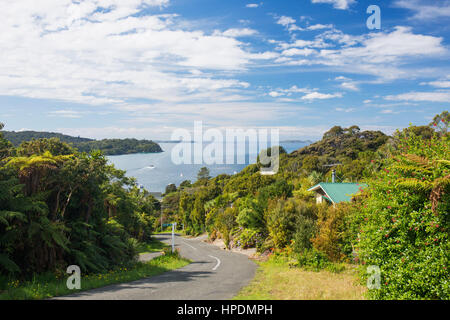 Oban, Isola Stewart, Southland, Nuova Zelanda. Vista giù per la collina ripida a Halfmoon Bay. Foto Stock