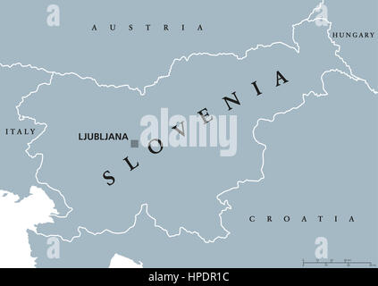 La Slovenia mappa politico con capitale Lubiana e paesi vicini. Repubblica, paese e stato nazione nel sud Europa Centrale. Foto Stock