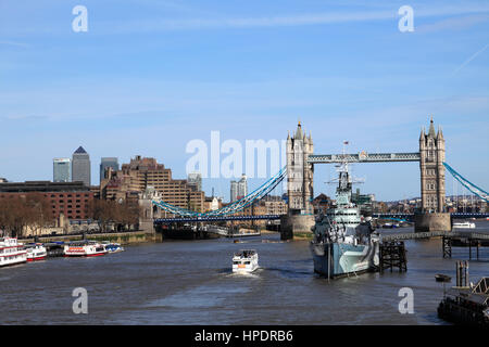 HMS Belfast a WW2 museo nave da guerra, Southwark, banca del sud il fiume Tamigi e il centro di Londra, England, Regno Unito Foto Stock