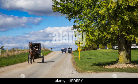 Cavallo Amish e passeggini lungo le strade rurali vicino Kidron, Ohio, Stati Uniti d'America. Foto Stock