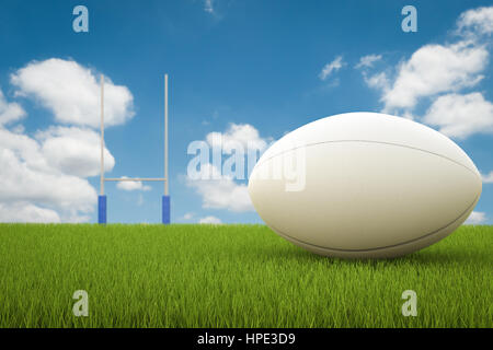 3D rendering pallone da rugby con Rugby posti sul campo Foto Stock