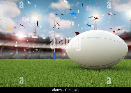 3D rendering pallone da rugby con Rugby posti sul campo Foto Stock