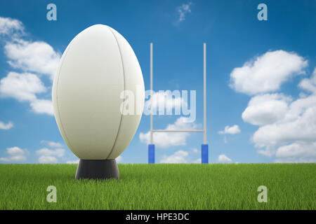 3D rendering pallone da rugby con Rugby posti sul campo Foto Stock