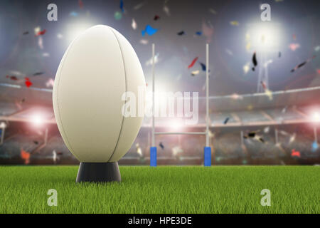 3D rendering pallone da rugby con Rugby posti sul campo Foto Stock