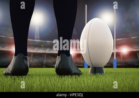 3D rendering pallone da rugby con Rugby posti sul campo Foto Stock