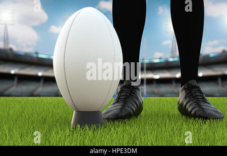 3D rendering pallone da rugby con Rugby posti sul campo Foto Stock