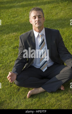 Modello rilasciato , Geschaeftsmann macht Joga in der Wiese - imprenditore non lo yoga Foto Stock