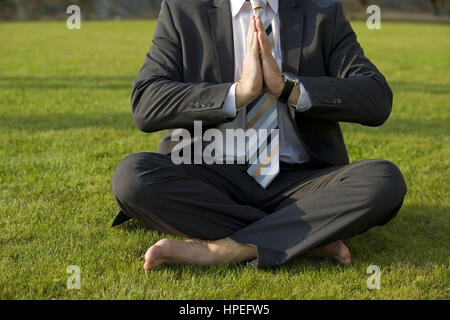 Modello rilasciato , Geschaeftsmann macht Joga in der Wiese - imprenditore non lo yoga Foto Stock