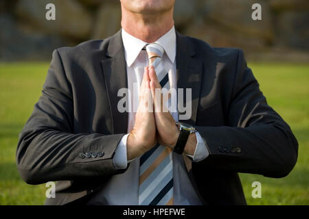 Modello rilasciato , Geschaeftsmann macht Joga in der Wiese - imprenditore non lo yoga Foto Stock