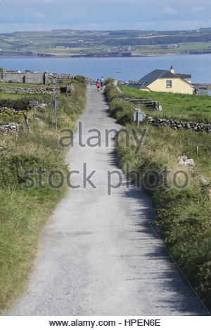 Una strada solitaria in una giornata di sole in Irlanda occidentale con l'oceano visibile in background. Foto Stock