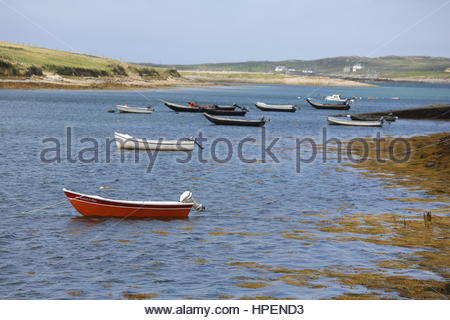 Piccole imbarcazioni si trovano in acque poco profonde lungo la costa occidentale dell'Irlanda. Foto Stock