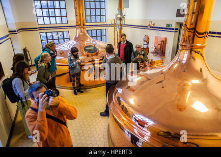 Visitatori, sala della birra con mash tun serbatoi di rame, in Augustiner Brau, birreria, Salisburgo, Austria Foto Stock