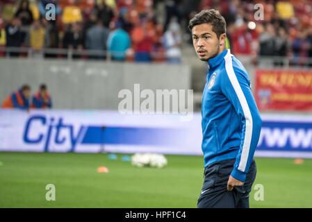 Aprile 29, 2015: Gabriel Iancu #9 di FCSB in azione durante la Liga I Soccer Romania gioco tra FC Steaua Bucharest ROU e ASA 2013 Targu Mures ROU a livello nazionale Arena, Bucarest, Romania ROU. Foto: Catalin Soare Foto Stock