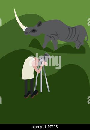 Un Wildlife Photographer tenendo snap di rhino Illustrazione Vettoriale