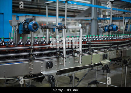 Bottiglie di succhi di frutta sul nastro trasportatore in bottiglia bevande fabbrica di produzione Foto Stock