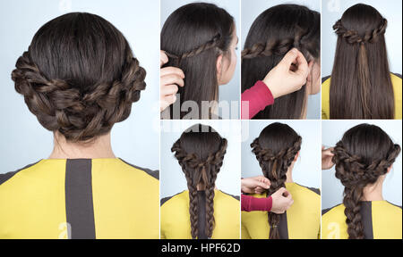 Elegante updo con trecce . Tutorial di acconciatura dei capelli lunghi. L'acconciatura per party tutorial passo per passo Foto Stock