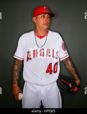 Tempe, AZ, Stati Uniti d'America. Il 21 febbraio, 2017. TEMPE, AZ - FEB. 21, 2017 - Los Angeles gli angeli di Anaheim pitcher Jesse Chavez. Credito: K.C. Alfred/San Diego Union-Tribune/ZUMA filo/Alamy Live News Foto Stock